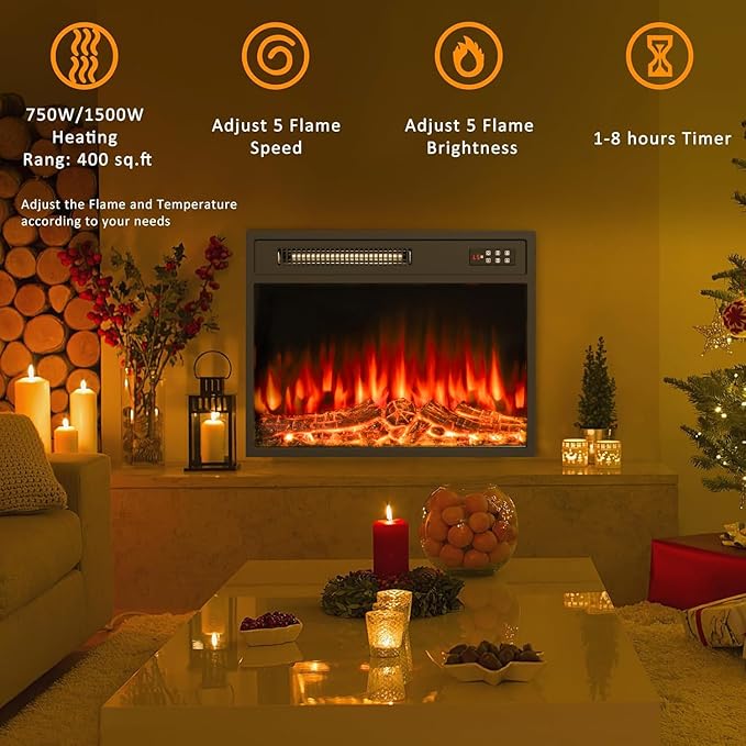 BOSSIN 23 inch Electric Fireplace Insert with Stove Heater for TV Stand,LED Realistic Flame,Recessed Mounted Fireplace Heater with Remote Control,Fireplace with Adjustable Flame, Timer 750/1500W