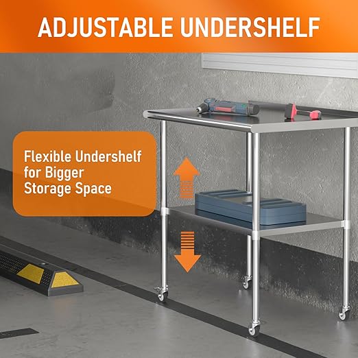Stainless Steel Prep Table 24" X 36" with Adjustable Undershelf, Backsplash and Wheels, Commercial Metal Workstations for Kitchen, Garage, Outdoor BBQ