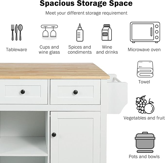 Favfurish Kitchen Island with Drop-Leaf Countertop, Internal Storage Cabinet Racks, Rolling Kitchen Cart on 5 Wheels with Open Shelves and 3 Drawers, Spice Holder, for Dining Room, White