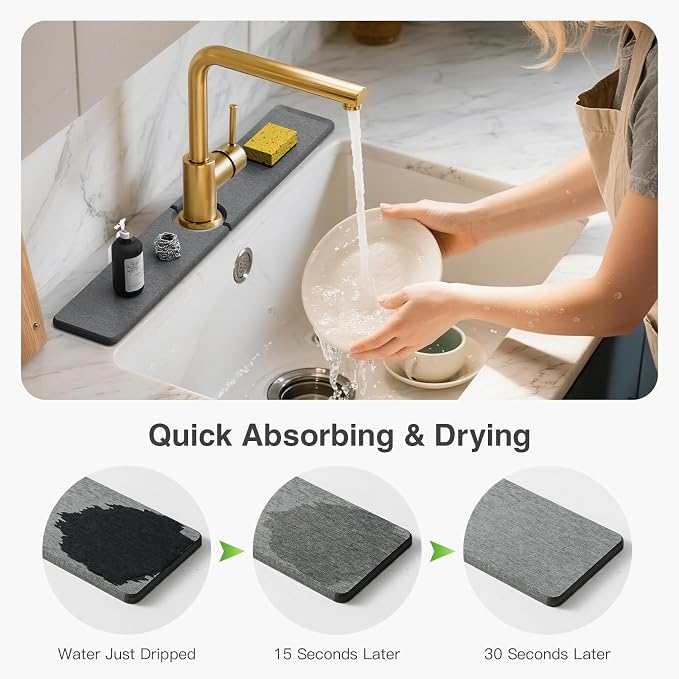 Premium Stone Faucet Mat for Kitchen Sink, 23.6" x 4" Dark Gray | Quick Drying - Image 3