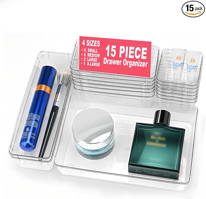 15 Pcs Clear Plastic Drawer Organizer, Makeup & Vanity Organizer | 4-Size by Comfylichi