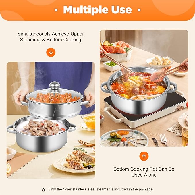 5-Tier Food Steamer Pot for Cooking, Stainless Steel Steamer Pot with Clear Lid, Stackable Steaming Pots Steam Cooker Cookware for Dumpling Seafood, Compatible with Gas/induction Stove (10.23in Diameter)