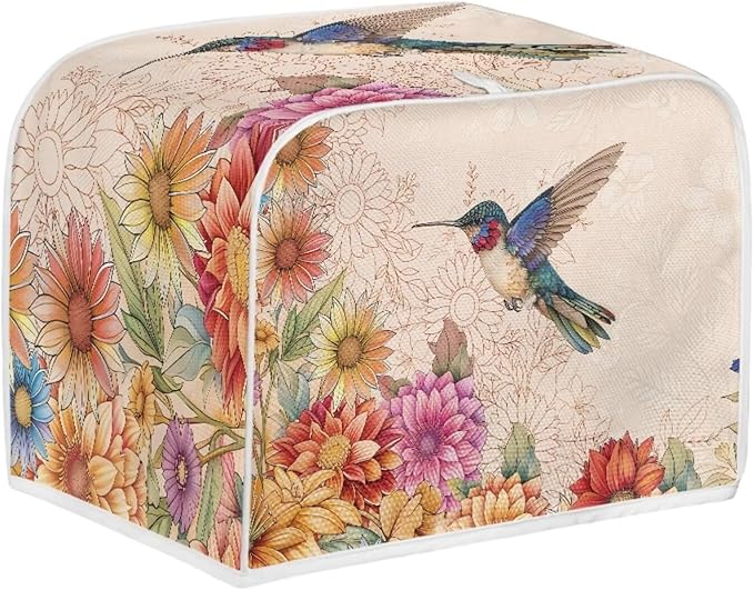 Hummingbird Boho Flower Print Toaster 4 Slice Cover Universal Size Kitchen Appliance Bread Maker Cover Kitchen Home Decor