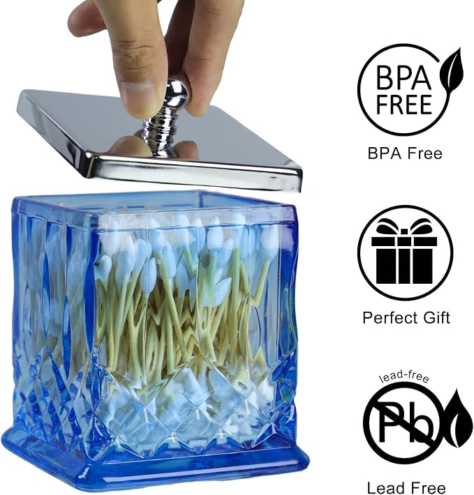 15Oz Blue Q-Tip Holder, Square Thick Glass & Metal Lid - Image 5