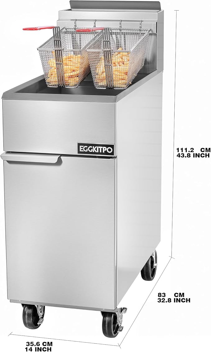 EGGKITPO Commercial Natural Gas Fryer 90,000 BTU Stainless Steel Floor Fryer with 40lbs Oil Capacity CSA Certified Deep Fryer with 2 Baskets and 3 Heating Tubes for Restaurants Food Truck Use
