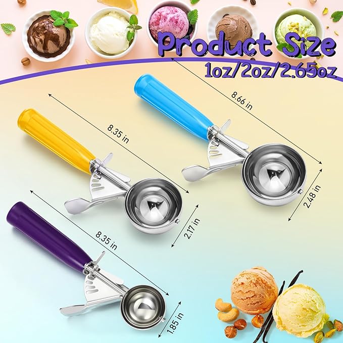 3 Pcs Release Cookie Scoops Ice Cream Scooper with Trigger Release Portion Scoop Stainless Steel for Portion Control, Baking Food, Cookie Dough (1 Oz+2 Oz+2.65 oz,Purple,Yellow,Blue)