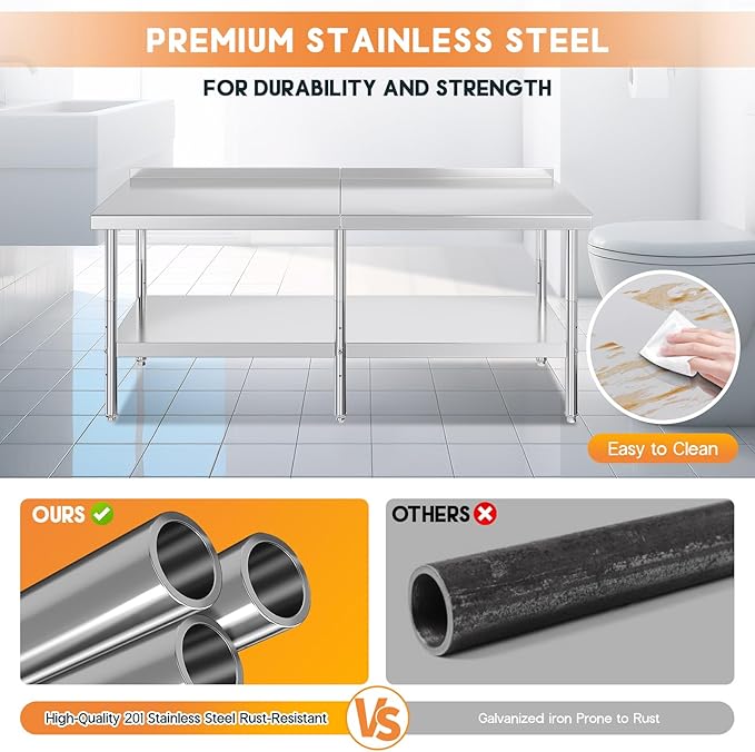 Jocisland 30" x 82" Stainless Steel Table for Prep & Work with Backsplash, Adjustable Under Shelf & Safe Design for Restaurant, Home and Outdoor