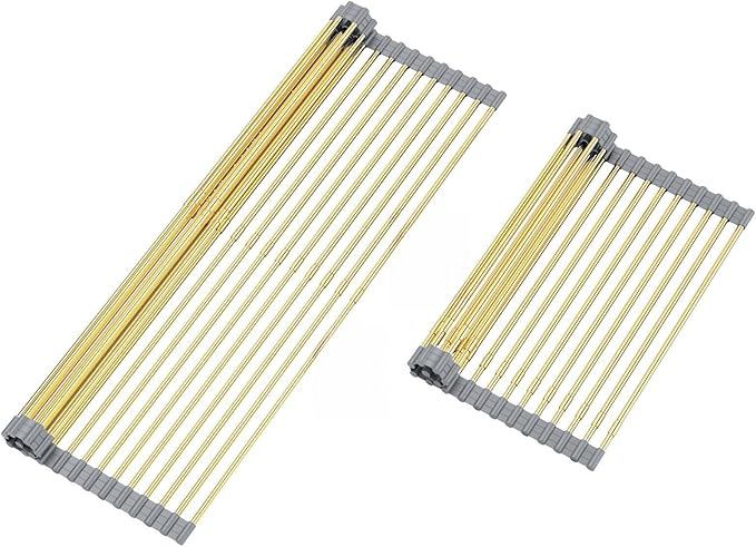 Large Expandable Roll Up Dish Drying Rack, Heat-Resistant Dish Drainer for Stainless Steel Sinks, Over The Sink Non-Slip Silicone Rollable Dish Drainer Roll Rack 18 Tube Gray Silicone & Gold Tube