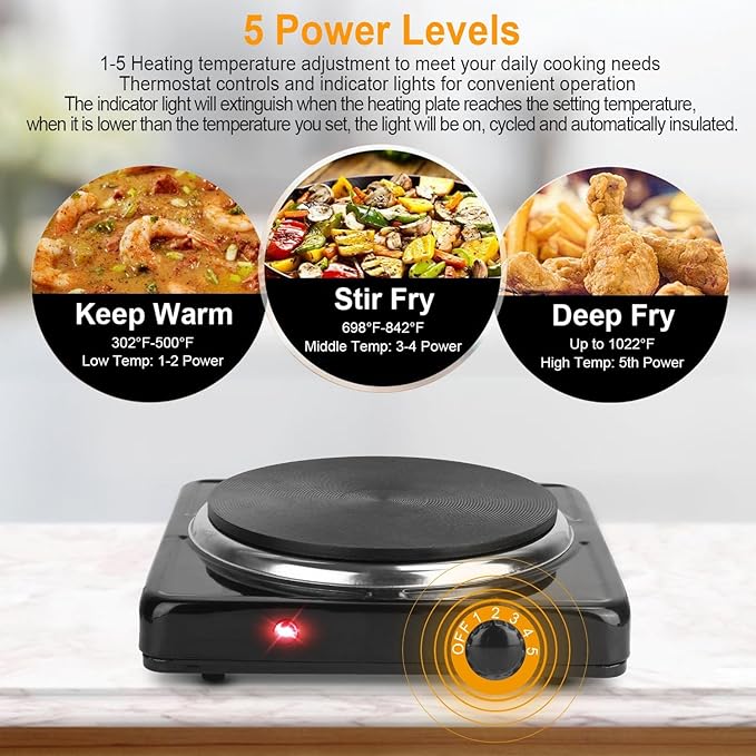 Portable Hot Plate, 1500W Cast Iron Single Countertop Burner, Electric Stove with 5 Levels Adjustable Temperature, Cooktop for Home RV Camping, Easy to Clean, Black