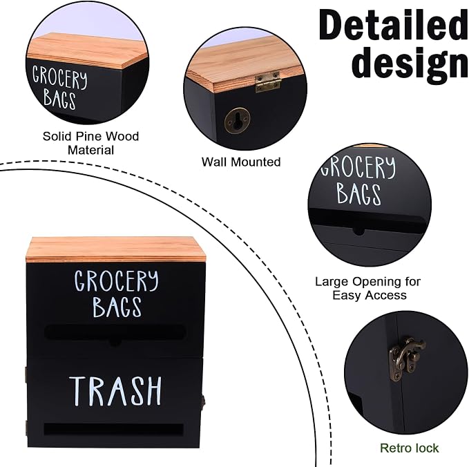 2 in 1 Trash Bag Holder with Grocery Bag Holder, Wooden Trash Bag Dispenser - Image 2