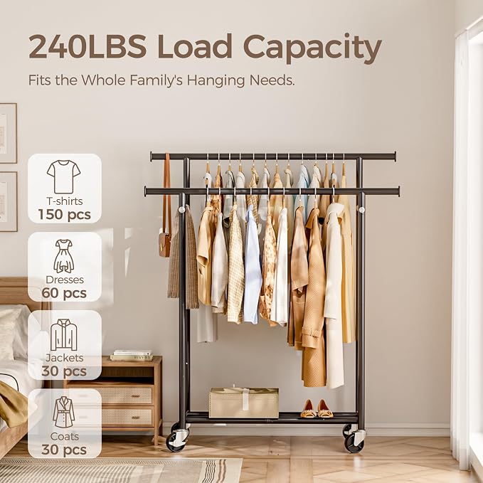 HYSEYY Clothes Rack, Double Rods Rolling Clothing Rack - Image 2