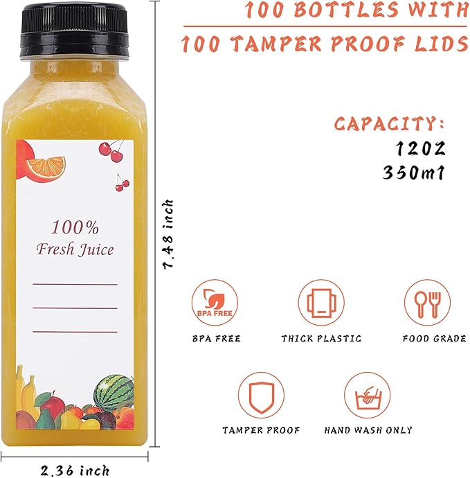 Plastic Juice Bottles 150 pcs 12 oz Empty Plastic Water Bottles with Caps Reusable Clear Beverage Containers for Drinking, Juicing, Smoothie, Water with 2 Brushes, 2 Funnels, 160 Stickers (12 OZ)