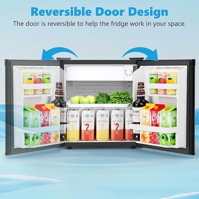 1.7 Cu.ft Mini Fridge with Freezer, Compact Refrigerator, Single Reversible Door, Ultra Quiet, Energy Efficient for Office, Dorm, Bedroom, Apartment, Black