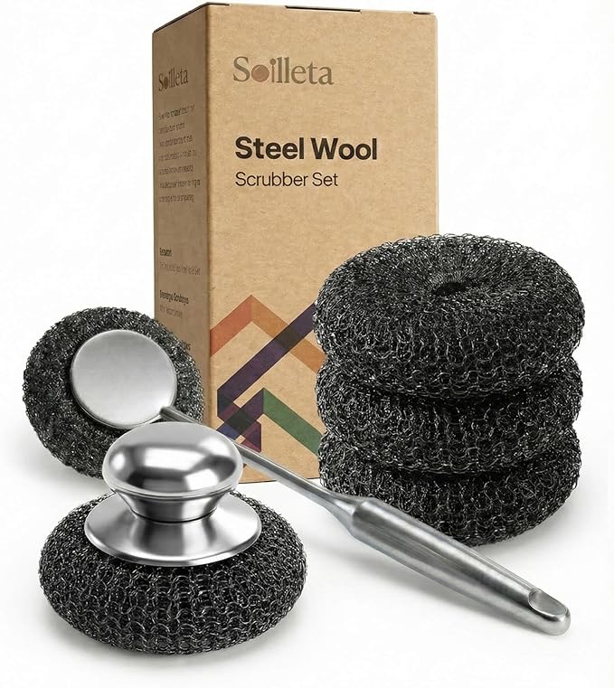 5 Pcs Steel Wool Scrubbers - Premium 304 Stainless Steel Metal Sponges for Cast Iron Skillets, Grill & Kitchen Pots - Rust Resistant, Non-Splintering Heavy Duty Scouring Pads for Tough Grease