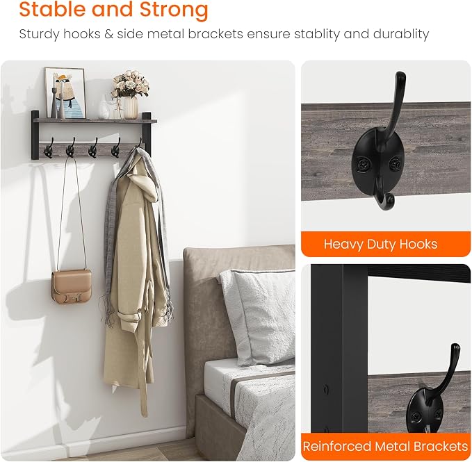Wall Hooks with Shelf, Coat Rack Wall Mount, Entryway Shelf with Hooks - Image 4