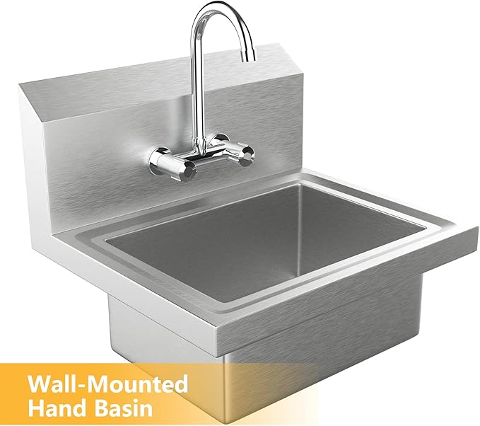 Bonnlo Upgraded Commercial Hand Wash Sink Stainless Steel Prep/ Bar Sinks - Wall Mount Utility Sink with Faucet, Heavy Duty Hand Washing Basin for Commercial Restaurant RV Kitchen, 17x 15 x 14