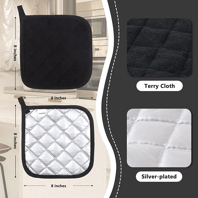 Joyhalo 4 Pack Pot Holders - Heat Resistant Oven Hot Pads, Terry Cloth, Black