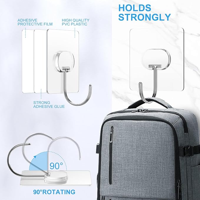 Adhesive Wall Hooks No Drill Large Clear Heavy Duty, 13LB Sticky 8 Pack | Large - Image 5
