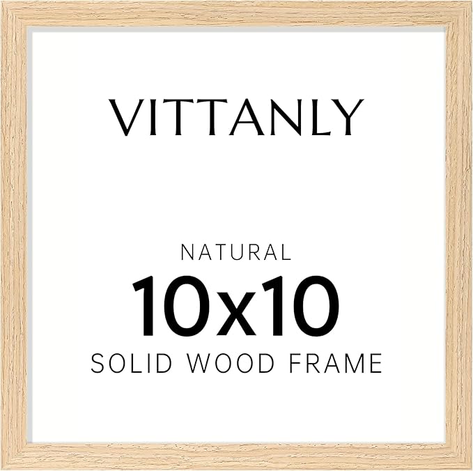 Vittanly 10x10 Picture Frame, Solid Wood Frame with Plexiglass, Includes 8x8 Mat, Wall Hanging or Tabletop for Photos, Home Decor, Natural, 1 Pack