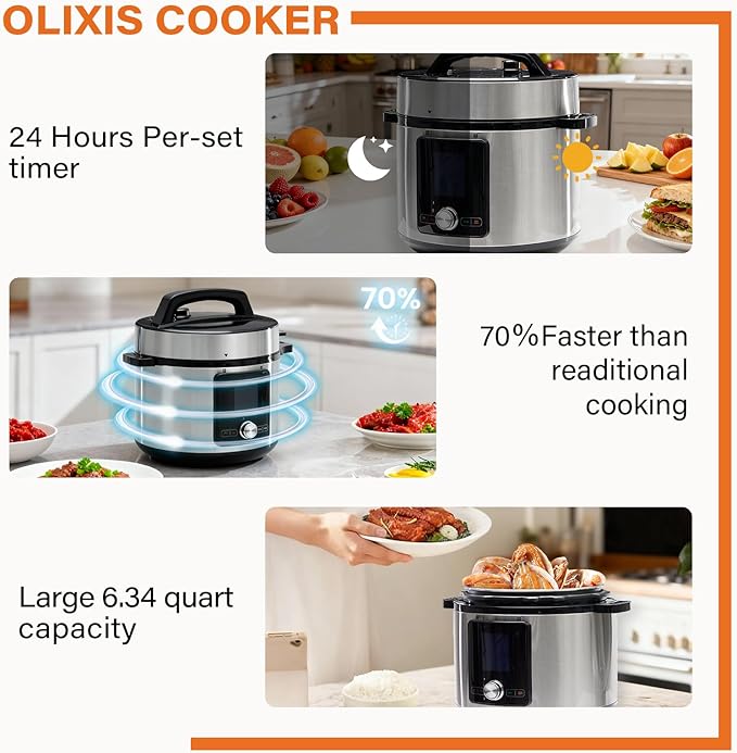 OLIXIS Electric Pressure Cooker 6.34Quart, 24 Functions in 1, Stainless Steel Pressure Cooker for Canning, Slowcook, Yogurt, Steam, Rice Grain, Soup, Bean, Poultry, Beef, Bake, Stew, Porridge