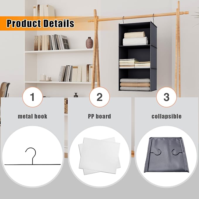 Hanging Closet Organizer 3-Shelf, Oxford Fabric Wardrobe Storage, Dark Gray | - Image 6