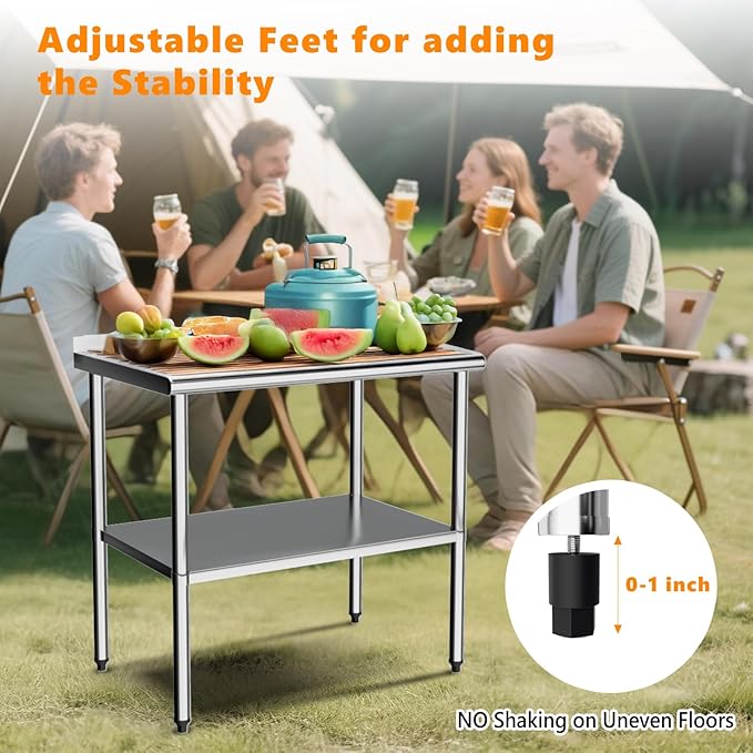 ROVSUN 36'' x 24'' Stainless Steel Table for Prep & Work,Commercial Worktables & Workstations, NSF Heavy Duty Metal Table with Adjustable UnderShelf & Backsplash for Kitchen, Restaurant,Home,Hotel