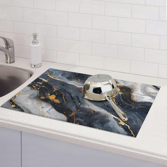 Black Marble Dish Drying Mat For Kitchen Counter, Super Absorbent Microfiber - Image 7