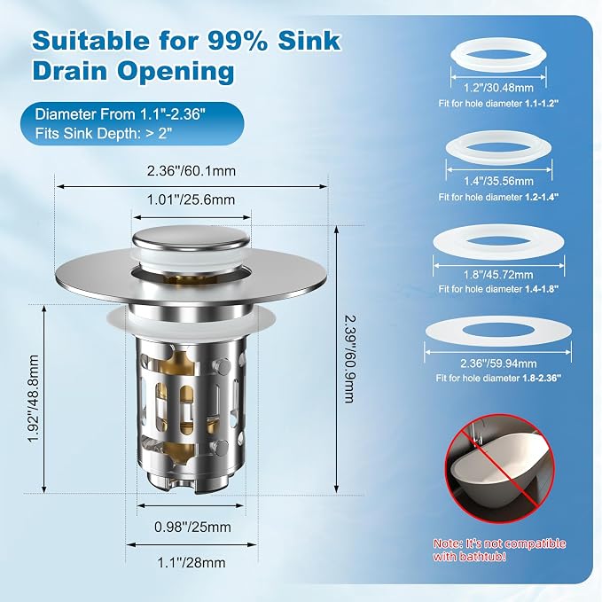 Hibbent Universal Bathroom Sink Drain Strainer, 3 in 1 Pop Up Stopper | - Image 7