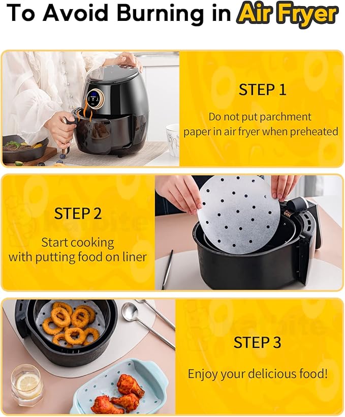 Katbite 9 Inch Air Fryer Liners, 120 Non-Stick Perforated Parchment Papers for Air Fryer, Bamboo Steamer Liners