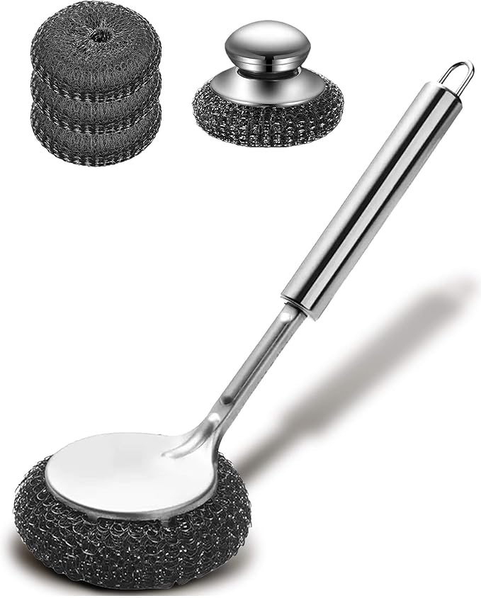 5Pcs Steel Wool Scrubber, Stainless Steel Scrubber Set with Long & Short Handle & 3Pcs Pads, Metal Scrubbers for Cleaning Kitchen,Household,Dishes,Wash Sink,Pots,Pans,Cast Iron,Grills,Stoves