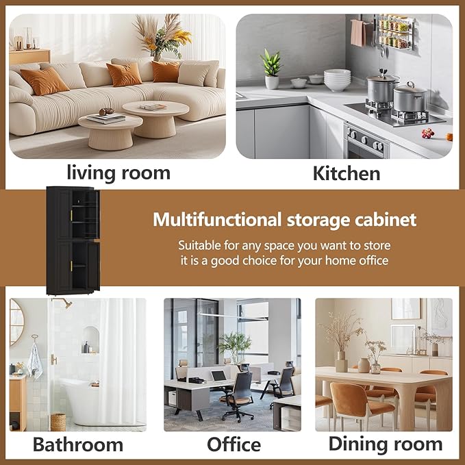 63" Tall Metal Corner Kitchen Pantry Cabinet, Steel Storage Cabinets with 4 Doors and 3 Shelves, Kitchen Food Cabinets with 6 Door Panel Shelves, Farmhouse Cupboard for Kitchen Dining, Black