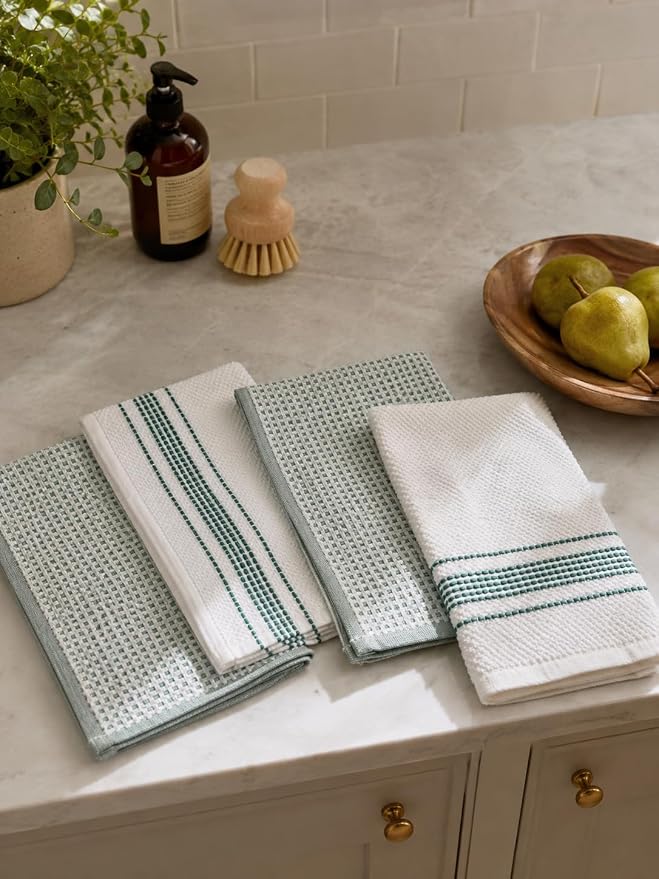 Kitchen Towels, Cotton Hand Towels White & Turquoise Mini Weaved Stitched - Image 5