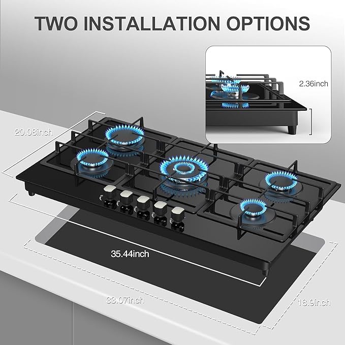 36 Inch Gas Cooktop Propane Stove, 5 Burner Built-in Gas Stove Top with Tempered Glass Panel, NG/LPG Dual Fuel Auto Ignition Propane Cooktop with Thermocouple Protection