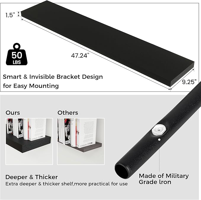 Floating Shelves for Wall 48"W x 9"D x 1.5"H, Long Engineered Wood Wall Shelves with Invisible Brackets for Living Room Bedroom Bathroom Office Kitchen Decor and Storage, Black Finish, Set of 2