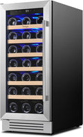 Yeego 15 Inch Wine Fridge Cooler - 33 Bottles Wine Cooler with Glass Door, 40-65℉ Built-In or Freestanding Refrigerator, Under Counter Wine Fridge for Kitchen Bar Office (Left-Hinged)