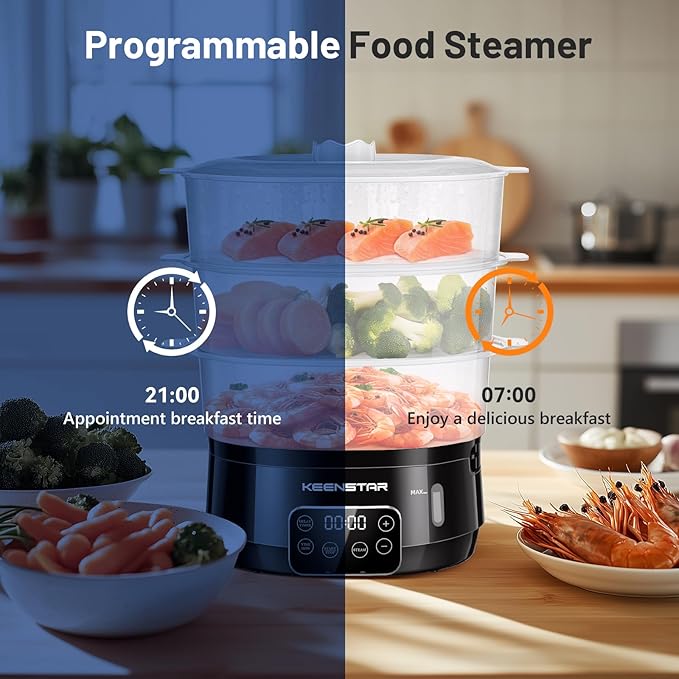13.7QT Electric Food Steamer for Cooking, Vegetable Steamer with 3 Tiers BPA-Free Baskets, Digital Steamer with Appointment, 800W Fast Cooking, Ideal for Veggies Seafood Rice Black