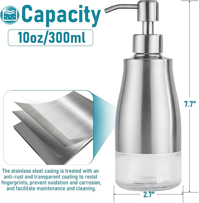 Stainless Steel Dish Soap Dispenser, 11oz/320ml Silver | Rust-Resistant Brushed - Image 3
