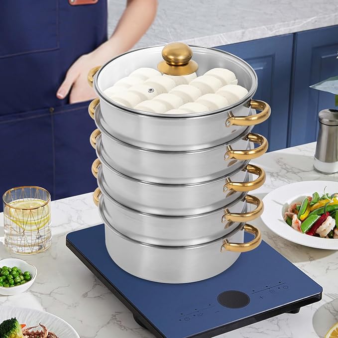 Stainless Steel Steamer Pot, 10.3-Inch Steamer for Cooking, 5-Tier Food Steam Pots with Lid for Cooking Vegetables, Seafood, Soups, Stews, Dumplings and Pasta