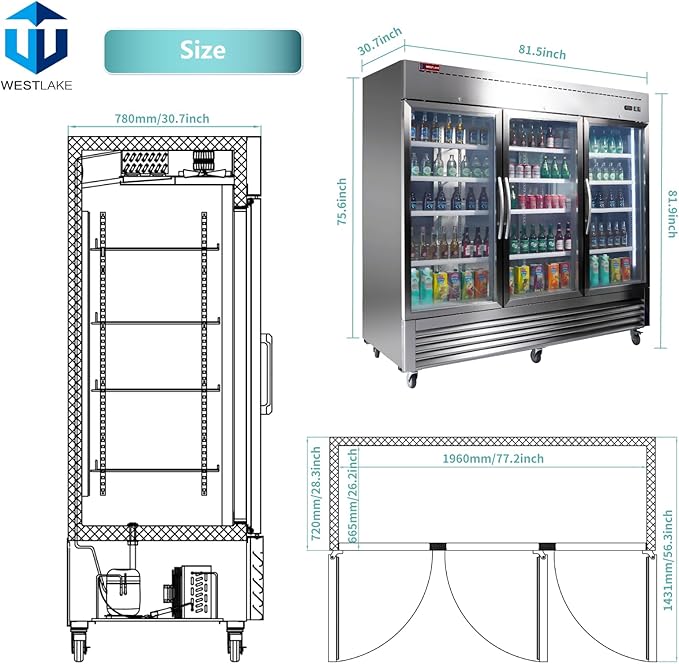 WESTLAKE 82" W Commercial Display 3 Glass Door Refrigerator Merchandiser 3 Section Stainless Steel Reach-in Glass Door Upright Fan Cooling 72 Cu.ft Cooler for Restaurant, Bar, Shop, etc