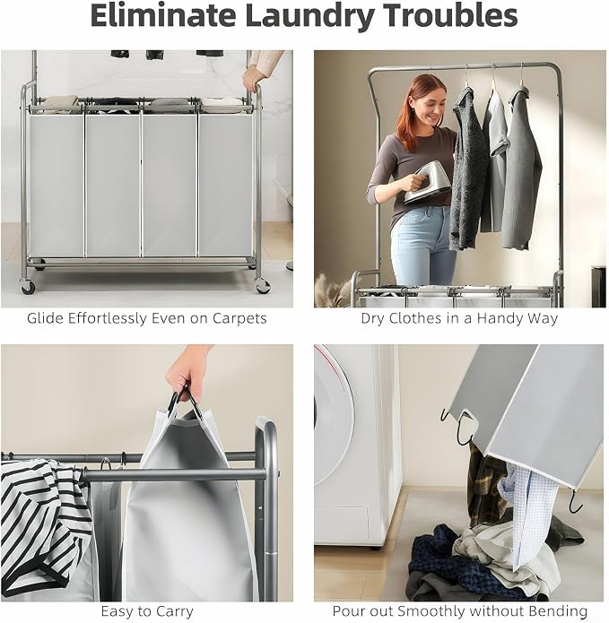 ROMOON Laundry Hamper Sorter Cart, 4 Section Organizer - Image 7