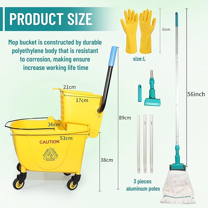 Press Wringer Combo Commercial Rectangular Mop Bucket on Wheels, 35-Quart, Yellow,Add One Commercial Mop and One Set Rubber Gloves