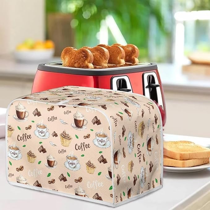 Coffee Print Toaster Cover - 2 Slice Retro Bread Maker Protector Oven Dust Cover for Small Kitchen Appliances Anti Fingerprint
