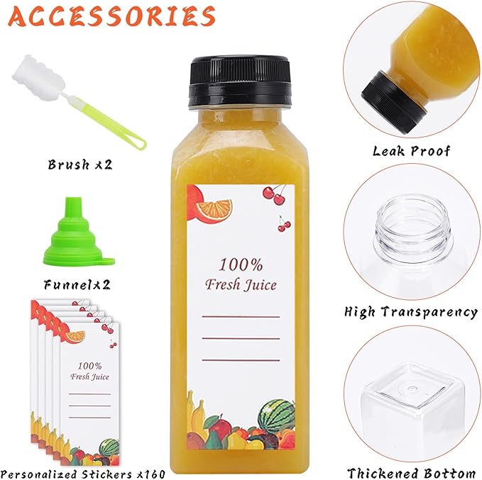 Plastic Juice Bottles 150 pcs 12 oz Empty Plastic Water Bottles with Caps Reusable Clear Beverage Containers for Drinking, Juicing, Smoothie, Water with 2 Brushes, 2 Funnels, 160 Stickers (12 OZ)