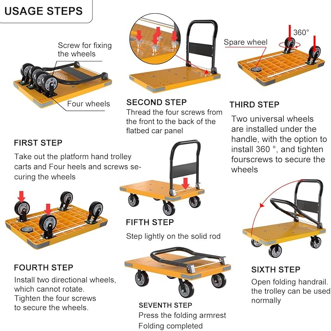 WUD Push Cart, Folding Mobile Platform Trolley,Thickened and Reinforced, 360° Swivel Wheels,35.4 “L x 23.6 ”W, 1323 lb. Yellow
