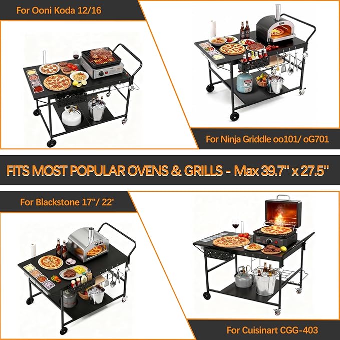 Pizza Oven Table with Topping Station, Outdoor Pizza Oven Cart, Grill Cart Table for Blackstone Griddle, Pizza Prep Station with Storage & Seasoning Tray, for Ninja, Cuisinart, Gozney