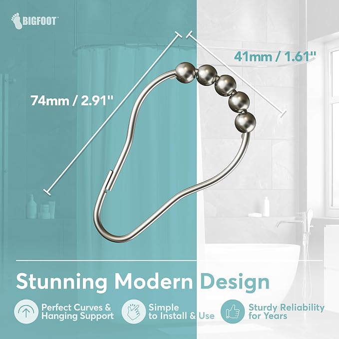 BigFoot Shower Curtain Hooks, Stainless Steel, Rust-Resistant, Easy Install | - Image 3