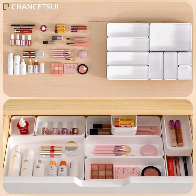 White Desk Drawer Organizer Trays: 9PC Shallow Vanity Bathroom Organizers | - Image 3