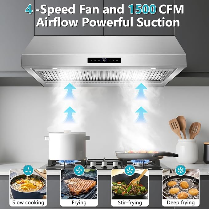 48 inch Range Hood Under Cabinet1500 CFM with 4-Speed Gesture Sensing & Touch Control, Stainless Steel Kitchen Stove Vent Hoods with 4 LED lights, Time Setting, Dishwasher-Safe Baffle Filters