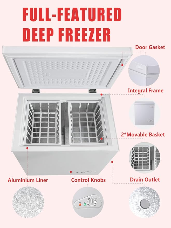 7.0 Cu.Ft Chest Freezer 7 Gears Temperature Control(-4°F to 6.8°F), Deep Compact Freezer with Two Removable Basket, for House, Kitchen, Garage, Basement, Shop, White