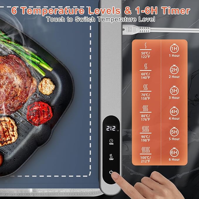 FYY Extra Large Warming Mat for Food with Heat Resistant Pad, Prevent Countertop Cracks, Keep Meal Warm, Rapid and Full Surface Heating, 6 Temp Settings, 6H Timer, Rollable Portable Food Warmer, Blue